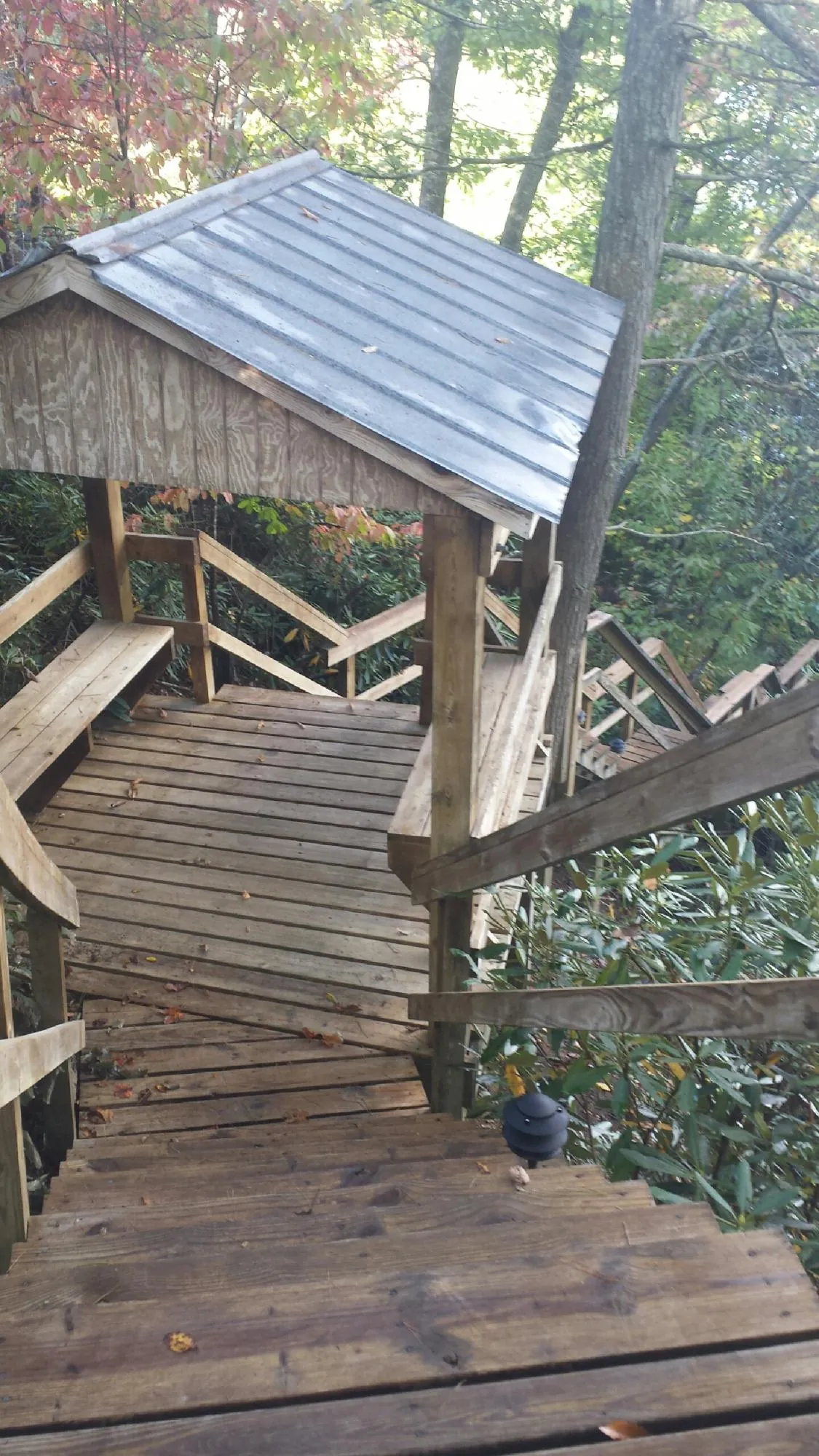 Metal roofed shelter over wooden steps on a wooded walkway — Skylight Repair & Installation work by our crew in Warrensburg